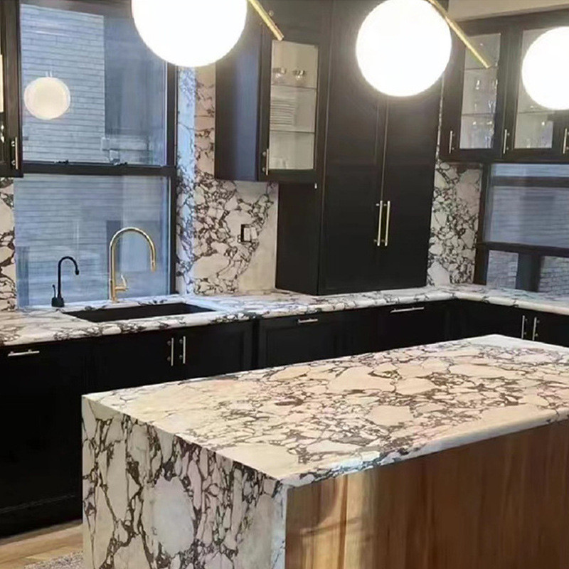 轻奢天然大理石紫格丽卡拉卡塔堡奢石别墅酒店背景墙吧台餐桌石材