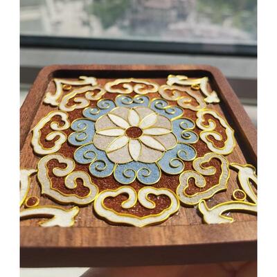 敦煌藻井方形杯垫胡桃木8.8厘米DIY套件釉料掐丝珐琅景泰蓝材料包