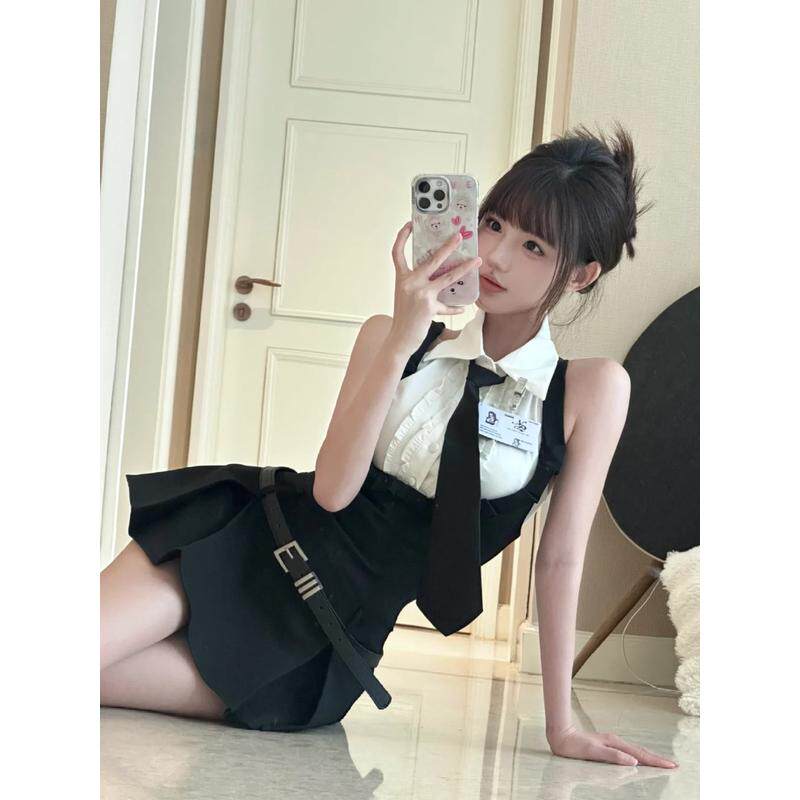 速发美式辣妹风高坏学姐挂脖无袖纯欲风背带裙收腰背心马甲学院风