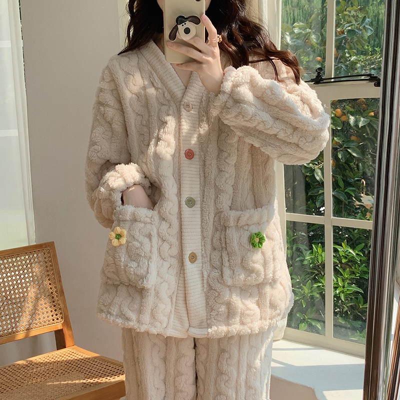 2023新款睡衣女士冬季春秋款珊瑚绒套装加绒加厚冬天可外穿家居服