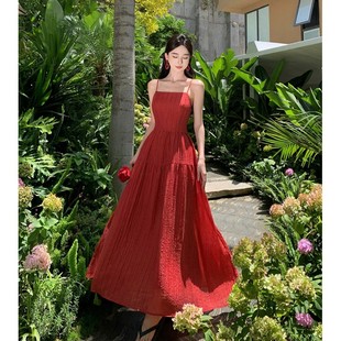 修身 高货绝美红色吊带大裙摆连衣裙夏季 显瘦露背垂坠感长裙海边度