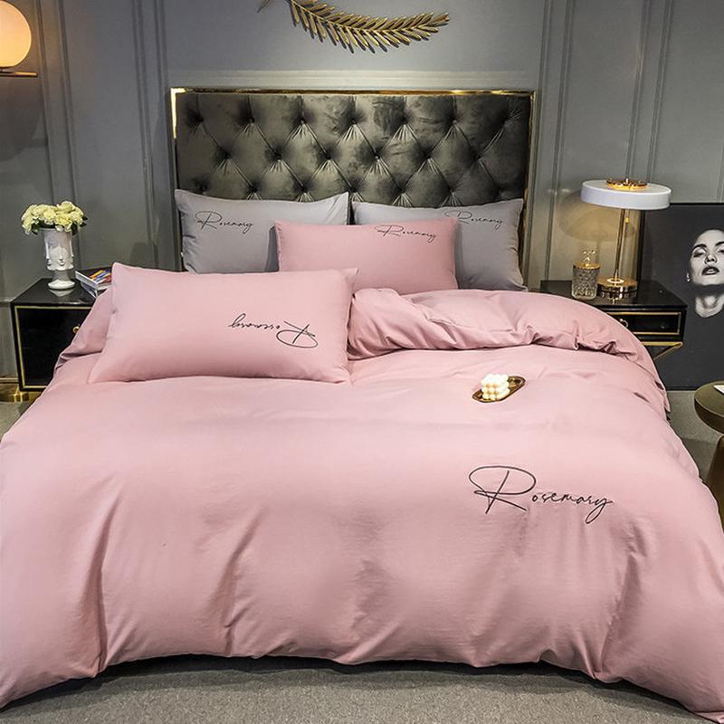 轻奢ins四件套简约风床单被套三件套床上用品刺绣水洗棉床笠单人4