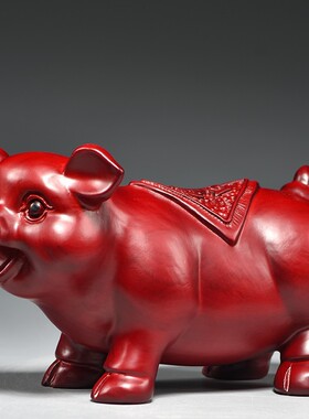 红色实木质雕刻猪摆件生肖二猪动物客厅家居电视柜玄关装饰工艺品