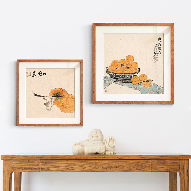 事事如意新中式餐厅装饰画柿子双联饭厅厨房酒店客厅方形日式挂画图片