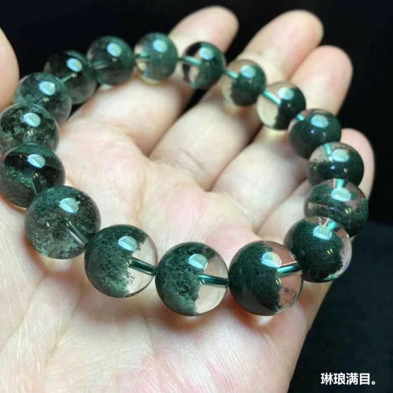 天然巴西水晶手链绿幽灵手链半盆男女款绿幽灵手串单圈圆珠手链男