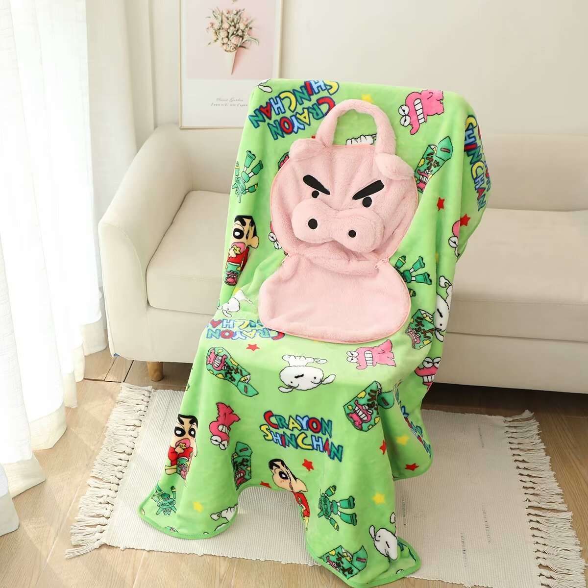 卡通可爱小新抱枕毛毯二合一学生毯子毯子便携收纳折叠手拎午睡包