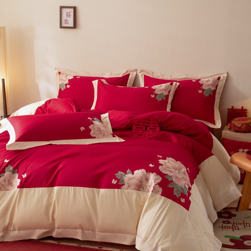 新中式婚庆160支全棉四件套花鸟印花被套大红色床单结婚喜被床品4,床上用品,婚庆床品套件,淘宝优惠券,粉丝福利购,淘宝优惠卷