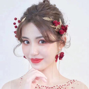 大红色敬酒服发饰发夹 红色绒球金色树叶造型对夹 婚礼新娘头饰