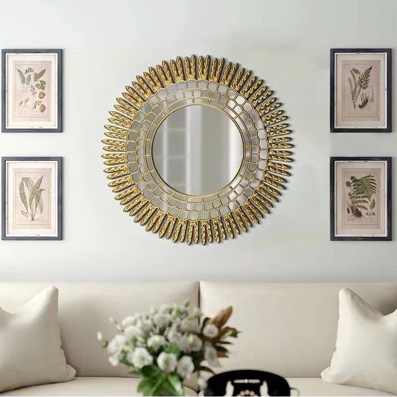欧式壁挂门厅玄关装饰背景墙镜子艺术太阳圆形镜酒店走廊墙面装饰