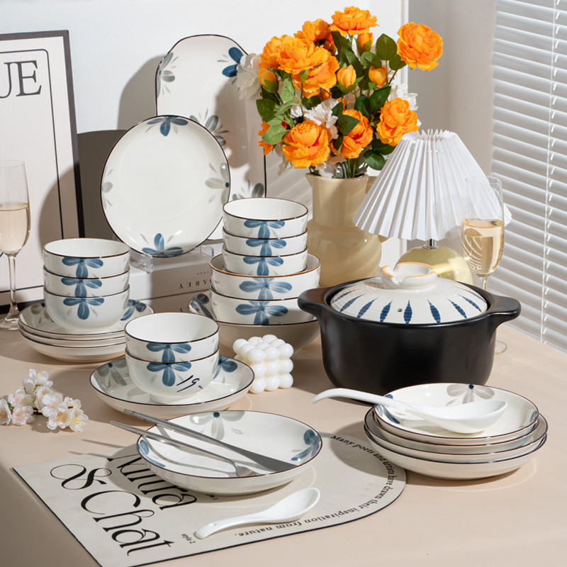 日式釉下彩墨兰花家用陶瓷餐具饭碗面碗汤碗盘子鱼盘碗碟套装自选