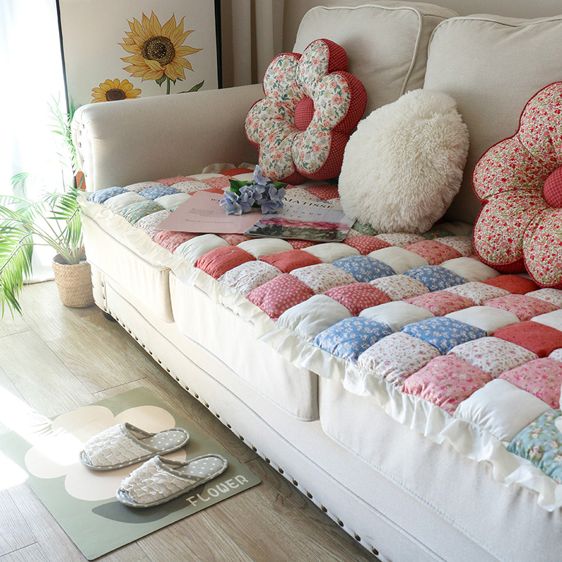韩式田园纯棉加厚沙发垫手工拼布馒头垫四季通用防滑坐垫飘窗垫子