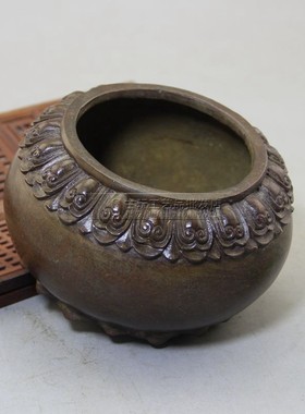 批发摆件复古做旧古玩工艺品厂家现货紫铜荷花平底香炉收藏