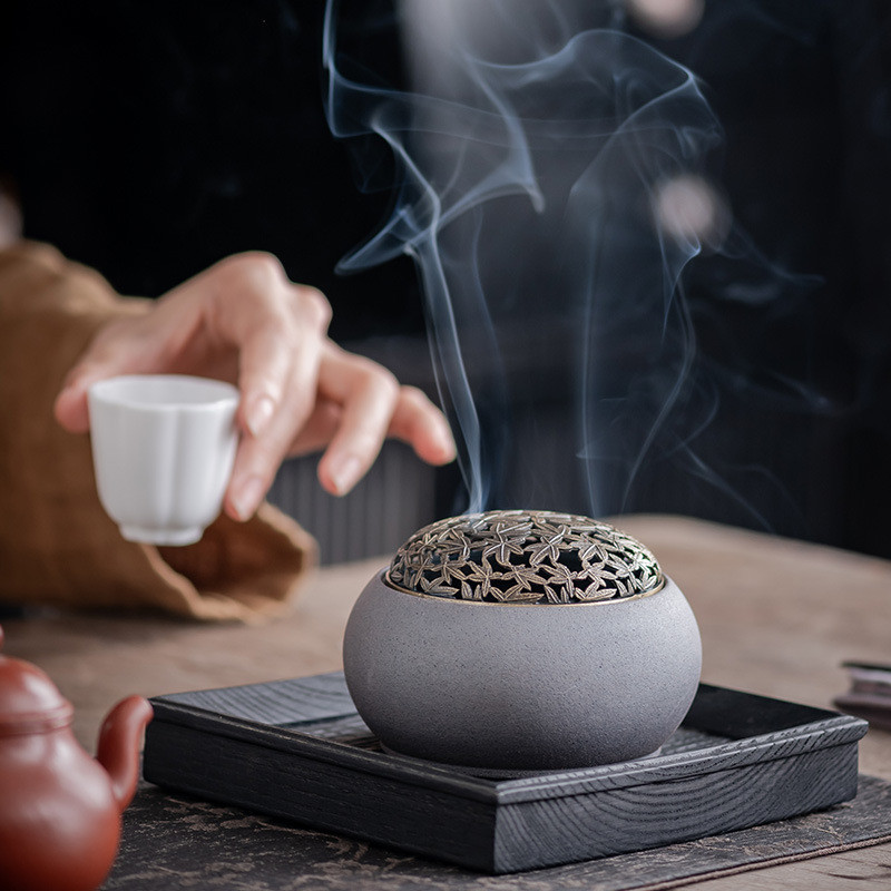 圓滿陶瓷香薰?fàn)t擺件家用室內(nèi)茶道香爐熏香合金銅蓋香座六彩盤香爐