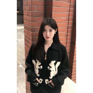 速发高品质美式 复古甜美可爱兔子polo领针织衫 外套女春秋宽松时尚