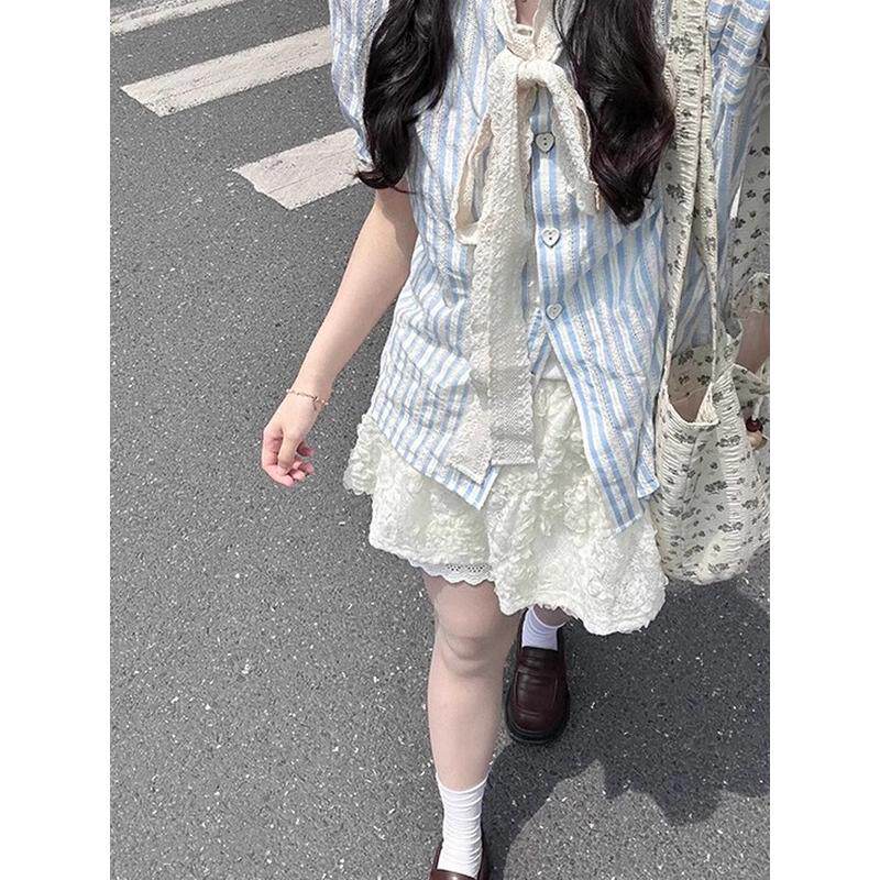 极速夏装搭配一整套学院风茶系穿搭条纹衬衫蕾丝半身裙两件套装连