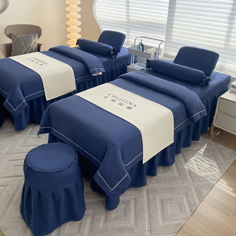 2024头网红棉麻美容床罩四件套美容院按摩床单四季通用新款疗带洞