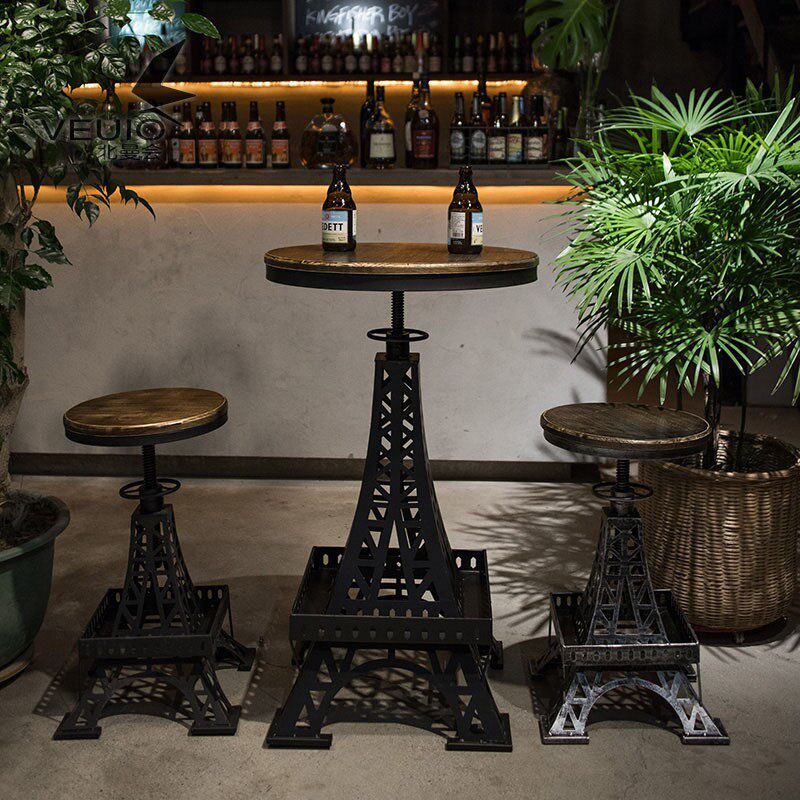 咖啡店铁艺实木吧台桌椅网红工业风阳台桌奶茶法式复古酒吧高脚桌