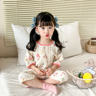 儿童纱布套装女宝薄款棉纱套头睡衣男童中袖全棉家居服2025新款