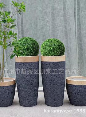 落地玻璃钢花瓶圆斗型木纹带黑石漆色摆设样板房婚庆大厅景观花插