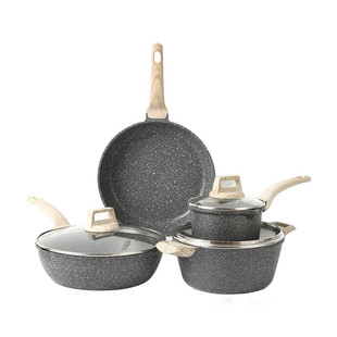花岗岩锅具套装套件套装平底锅炒锅汤锅7pcs锅具麦饭石不粘锅