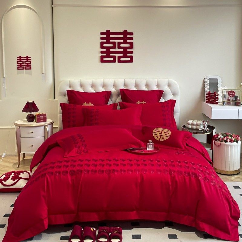 高档大红色婚庆结婚四件套床笠四件套龙凤刺绣双人嫁娶床单四件套,床上用品,床品套件/四件套/多件套,淘宝优惠券,粉丝福利购,淘宝优惠卷