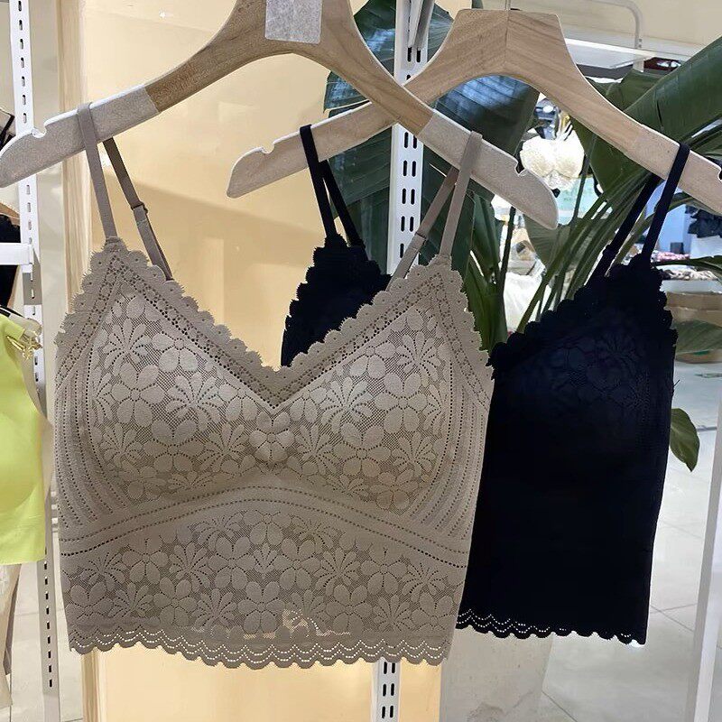 夏季冰丝无痕蕾丝美背吊带背心女性感纯欲打底外穿抹胸上衣带胸垫
