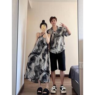 情侣装夏季2025新款海边度假沙滩衬衫假两件女一衣一裙