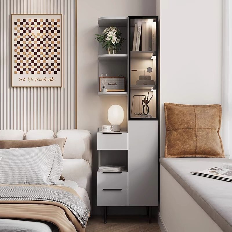 n~床头书柜置物柜家用高柜置物架卧室现代简约储物柜书架一体奶油