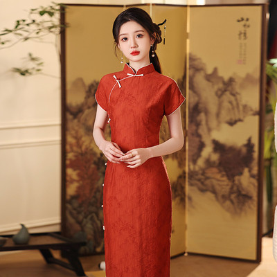 新品红色国风长款改良旗袍2025新款年轻款女中式复古修身气质日常