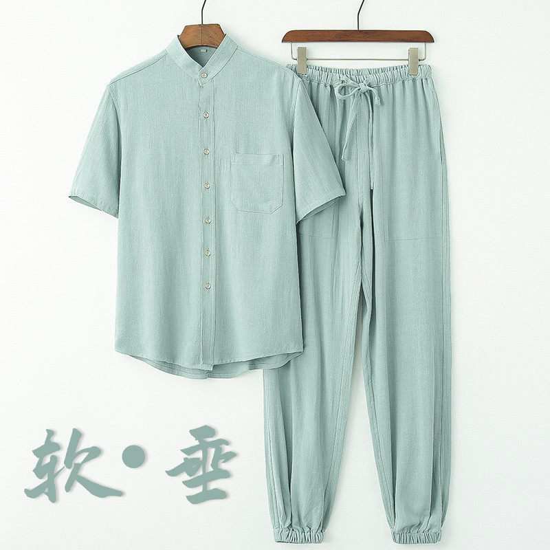 新款男中年男套装夏季中式中国风束脚裤