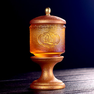 黄铜底座古法琉璃财神供杯供奉佛前观音圣水杯净水杯用品