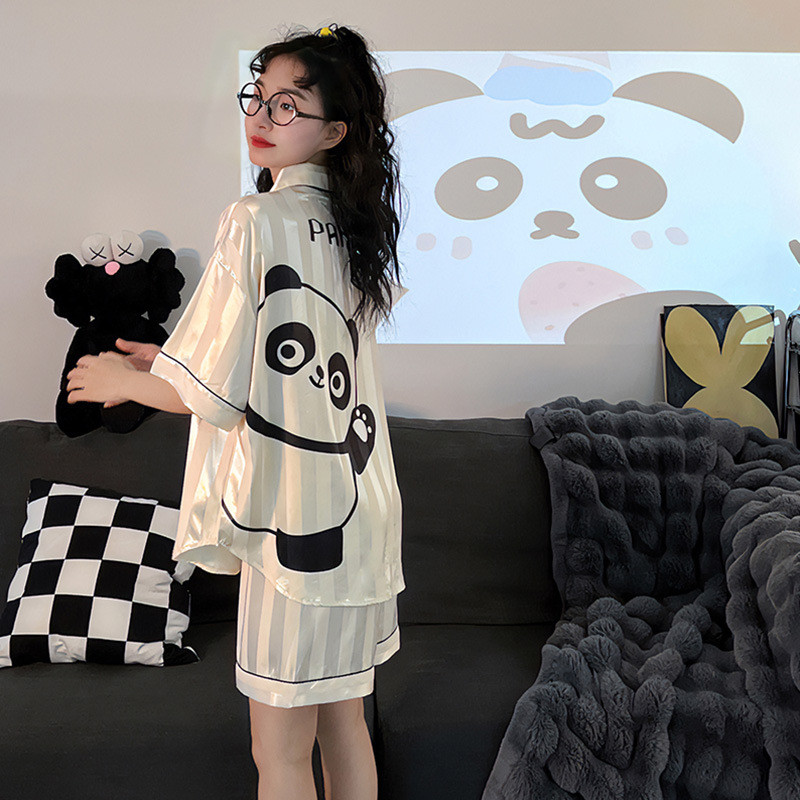 女士睡衣夏季冰丝短袖薄款仿真丝夏天开衫卡通大码家居服套装批发