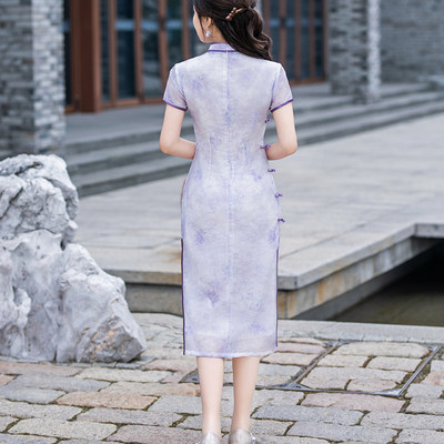 速发素雅旗袍天丝中长款小个子女士妈妈日常年轻连衣裙夏装礼服高