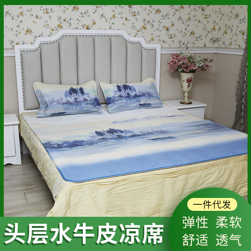 彩绘蓝色水墨席子牛皮凉席头层水牛皮花纹1.8m米床垫印花软席