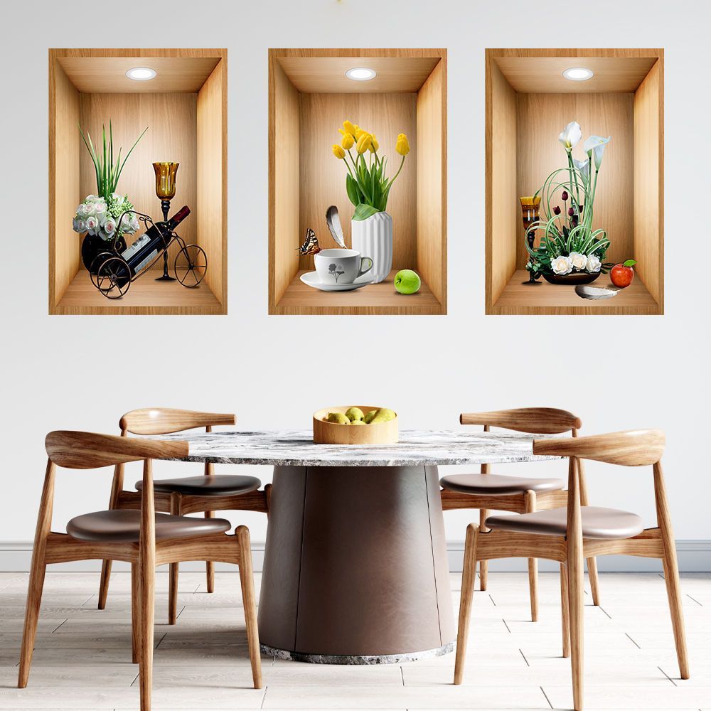 3D效果盆栽贴画植物花卉过道楼梯三联装饰画宾馆餐厅壁画自粘画图片