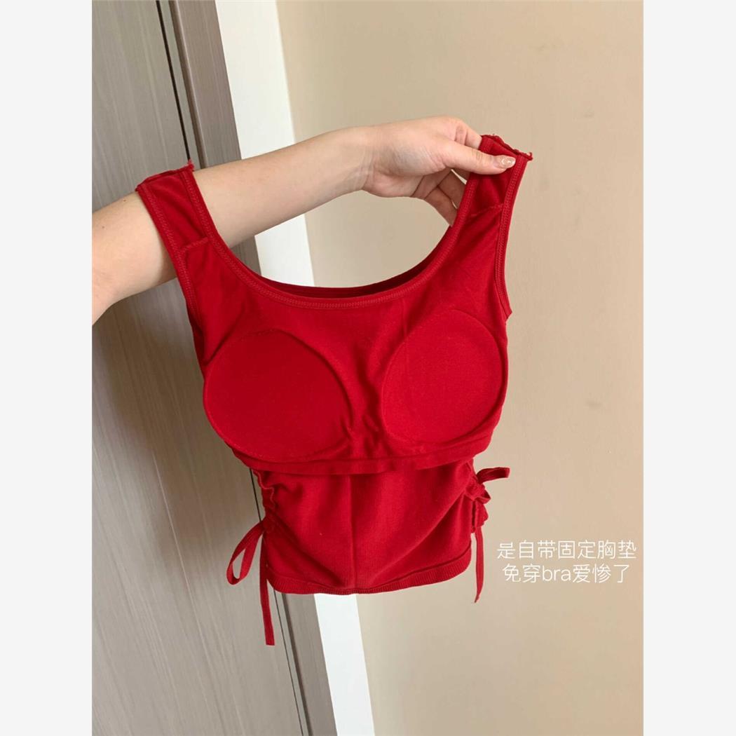 红色带胸垫吊带小背心女夏新款过年外穿纯欲辣妹绑带收腰短款上衣