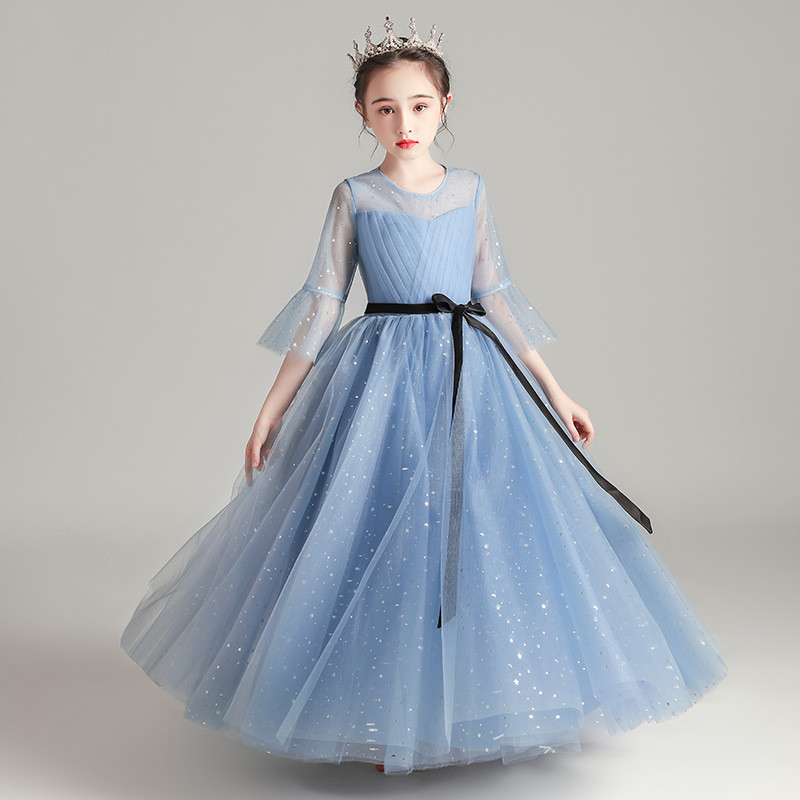 中袖儿童礼服女2025新款洋气花童蓬蓬纱女孩主持人钢琴演出服蓝色