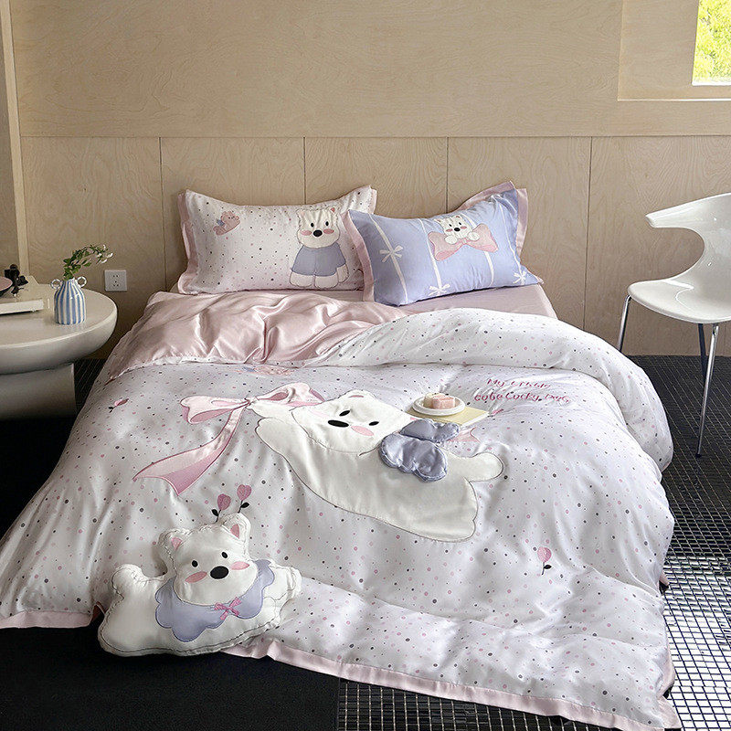 60支lf天丝贴布刺绣直播床上用品套件学生宿舍三件套卡通批发+