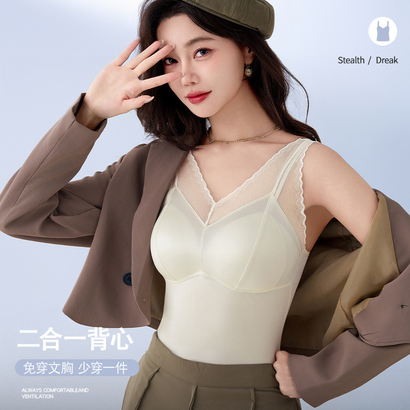 新款春夏缎面美背女吊带背心带胸垫无痕固定一体防走光文胸罩内衣