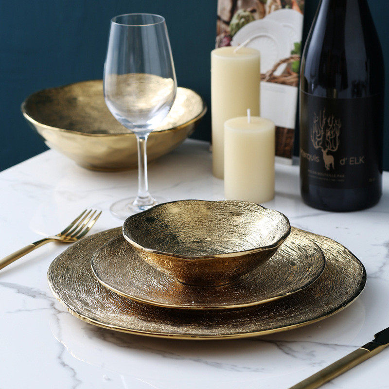 简约北欧哑光电镀金色不规则拉丝盘碗家居酒店工艺电镀金色陶瓷盘,特色手工艺,青花瓷,淘宝优惠券,粉丝福利购,淘宝优惠卷