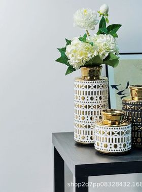 电镀金色间白窗花浮雕装饰样板间花瓶陶瓷工艺品软装摆设设计师款