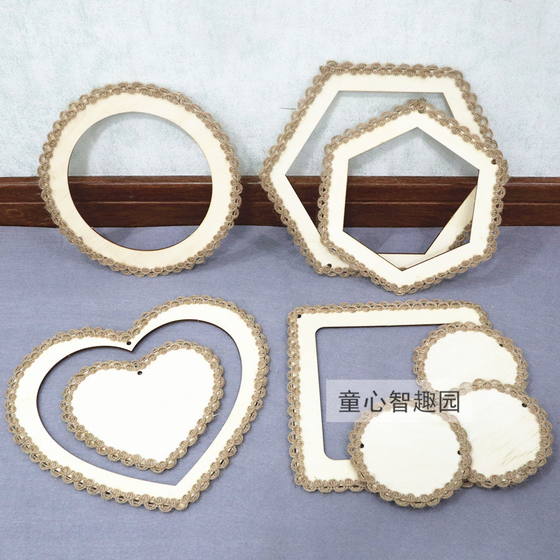 幼儿园环创装饰圆形木环吊饰墙面布置麻绳边框木质背景框镂空挂件