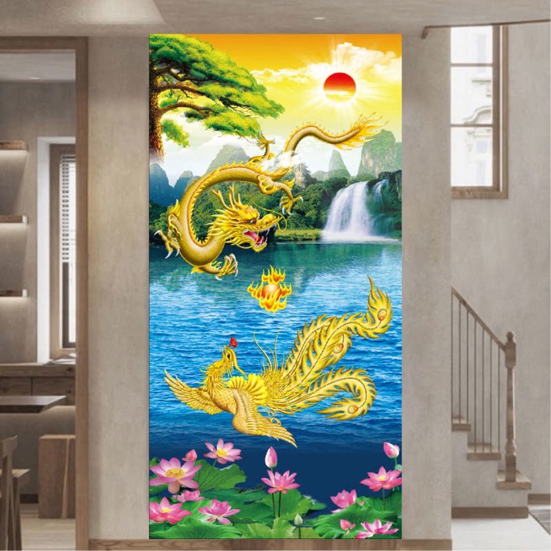 金龙金凤龙凤戏珠装饰画客厅玄关壁画旭日东升龙凤呈祥墙贴画贴纸