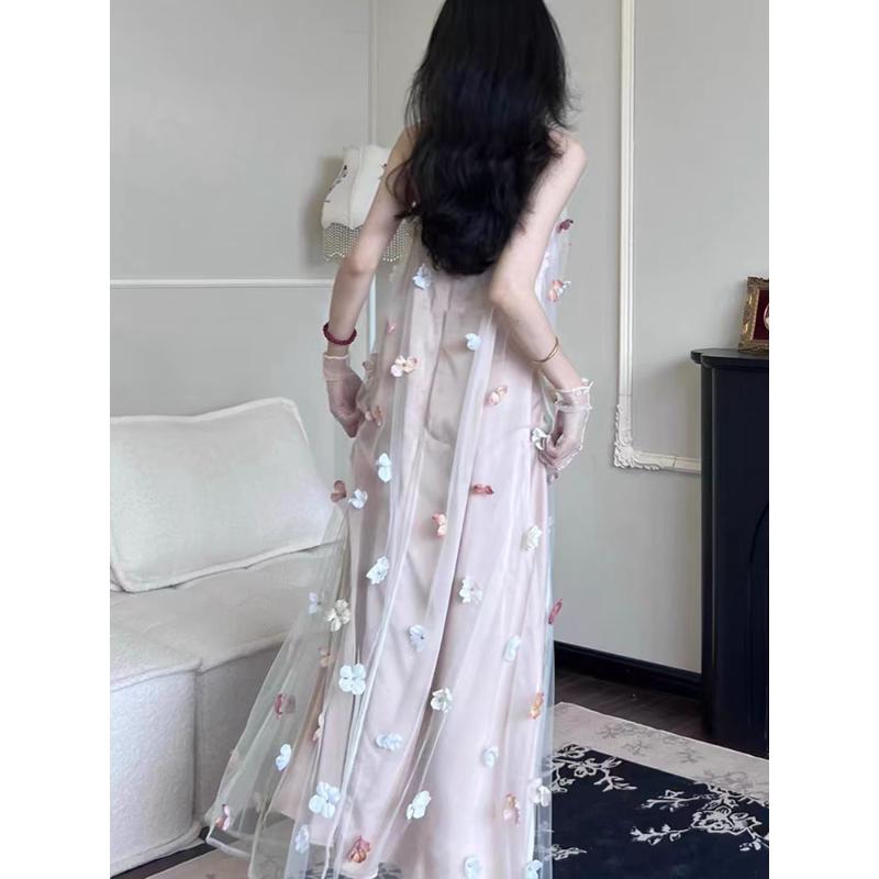 新品立体花朵吊带仙气长裙晨袍女新娘订婚出阁迎宾法式高级感小众