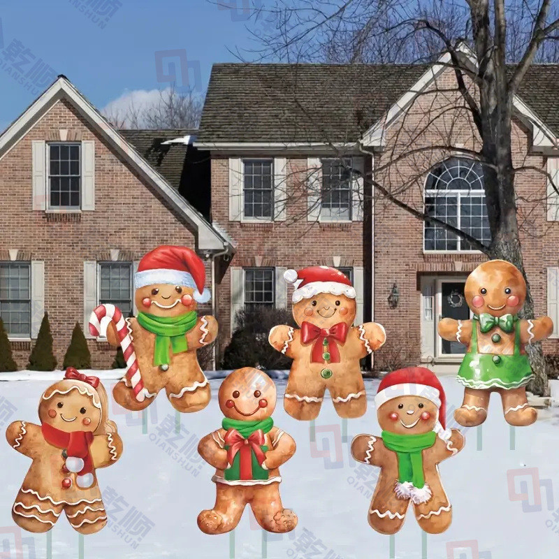 6 件圣诞节姜饼人地插牌适用于庭院草坪标志带桩安装草坪装饰标牌