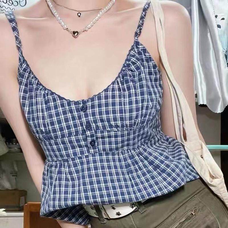 BM风新款美式百搭辣妹蓝色格纹吊带背心bm漏背系带上衣女