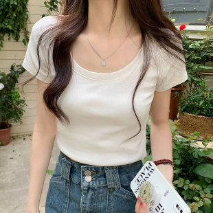 新品 辣妹性感低圆领正肩显瘦t恤女夏上衣 纯欲修身 奶杏色小U领短袖