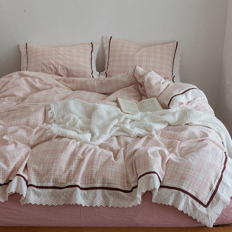 韩式公主风全棉软花边款四件套条纹复古亲肤泡泡纱糯被套床单床品,床上用品,床品套件/四件套/多件套,淘宝优惠券,粉丝福利购,淘宝优惠卷