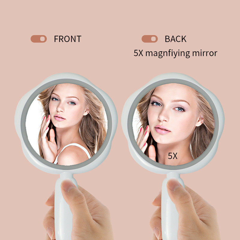 手持化妆镜led灯化妆镜美容院礼品充电镜子5倍放大双面外贸供应