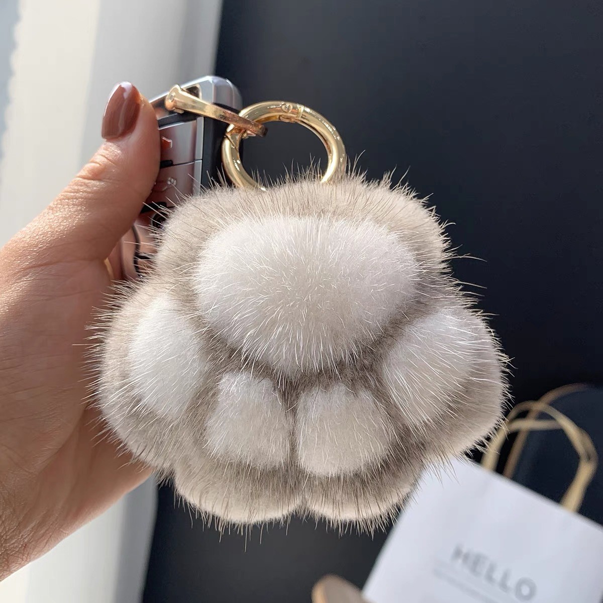 卡通可爱仿真獭兔毛猫爪包挂件创意车钥匙扣情侣包包书包挂饰玩